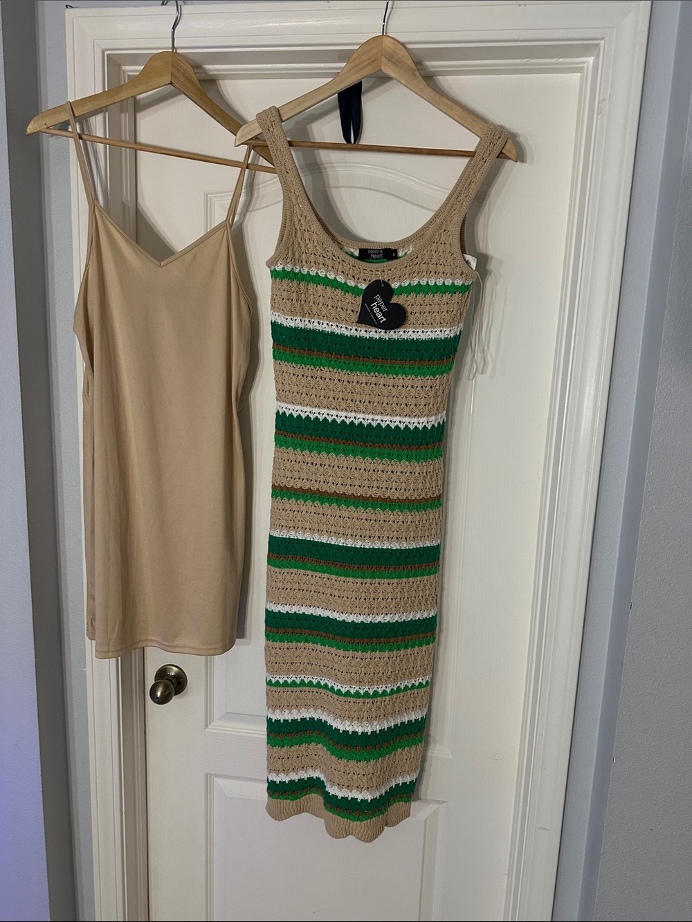 Crochet Stripe Midi Dress in Tan, Green & White